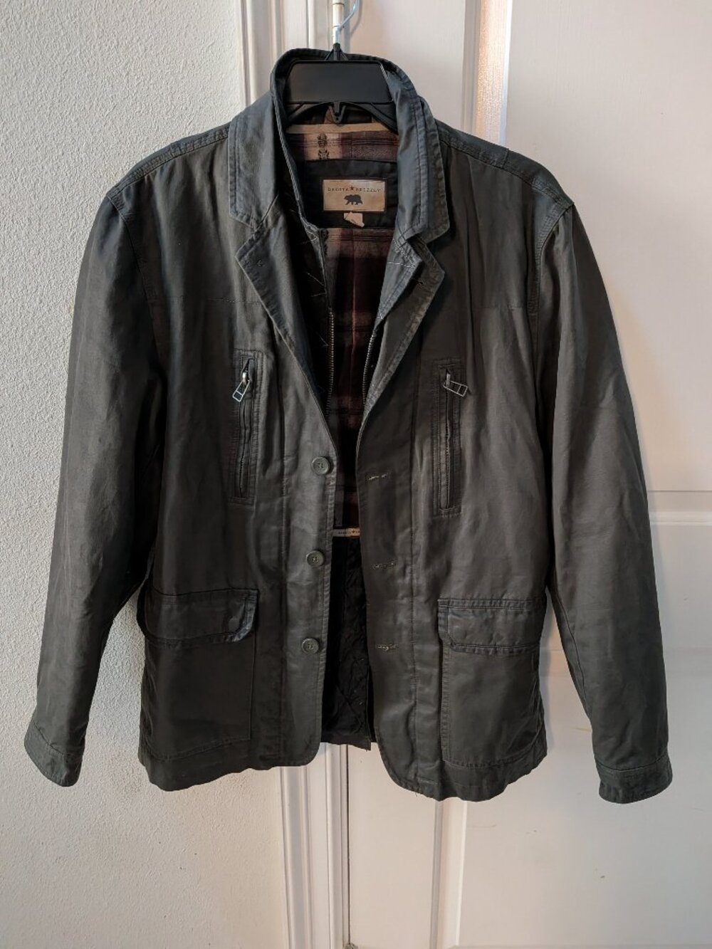 Dakota Grizzly Gray Olive Field Jacket Large Lined Mid-Length Collar Zip Button